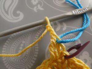 blue yarn through yellow worked crochet stitches blue yarn through yellow worked crochet stitches