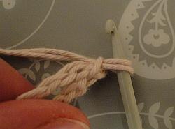 two strands pulled through hook leaving two loops on hook