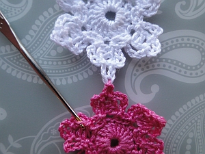 Completed join of pink flower to white flower Completed join of pink flower to white flower